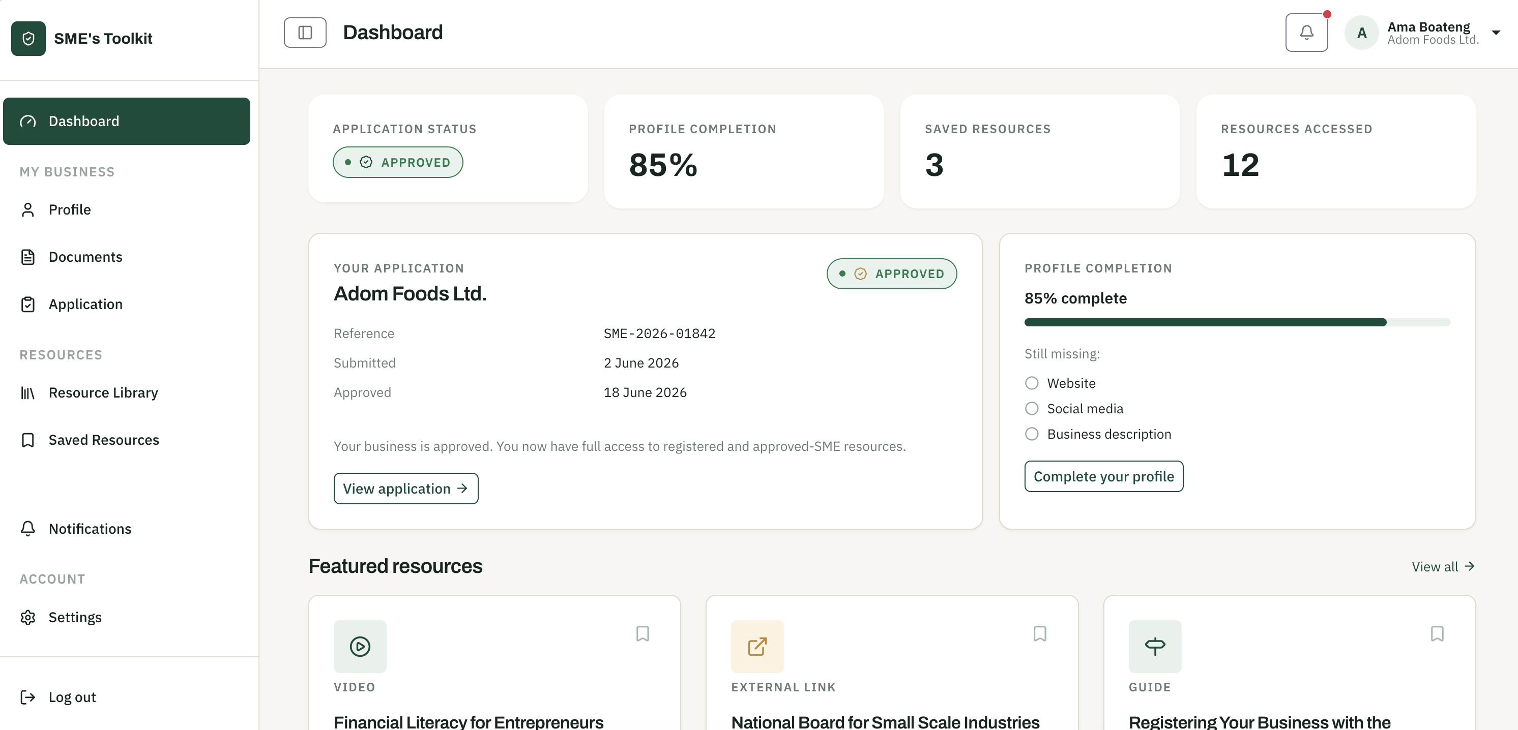 Screenshot of the SME's Toolkit application dashboard